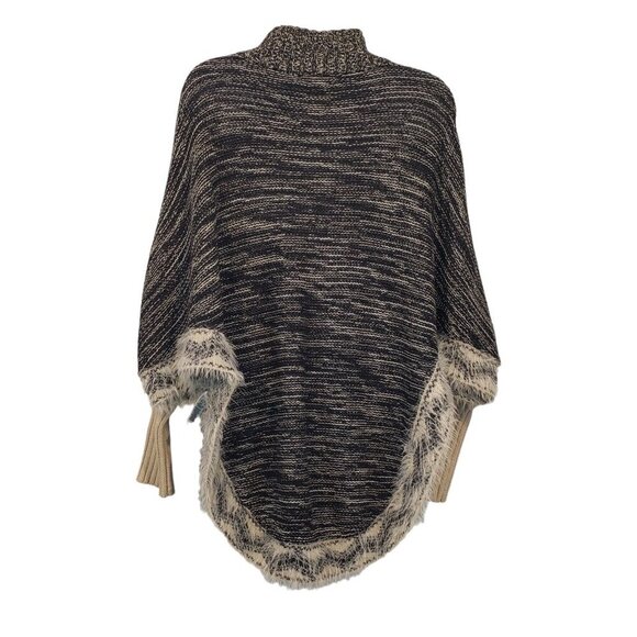 Max Studio Poncho Sweater Eyelash Fringe Black Boho Hippie Festival Womens M - Picture 4 of 12